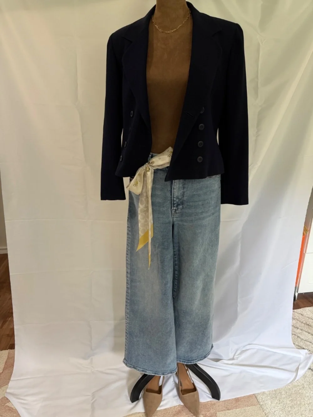 90’s Vintage Christian Dior Navy Double Breasted Cropped Blazer Jacket 4 Petite